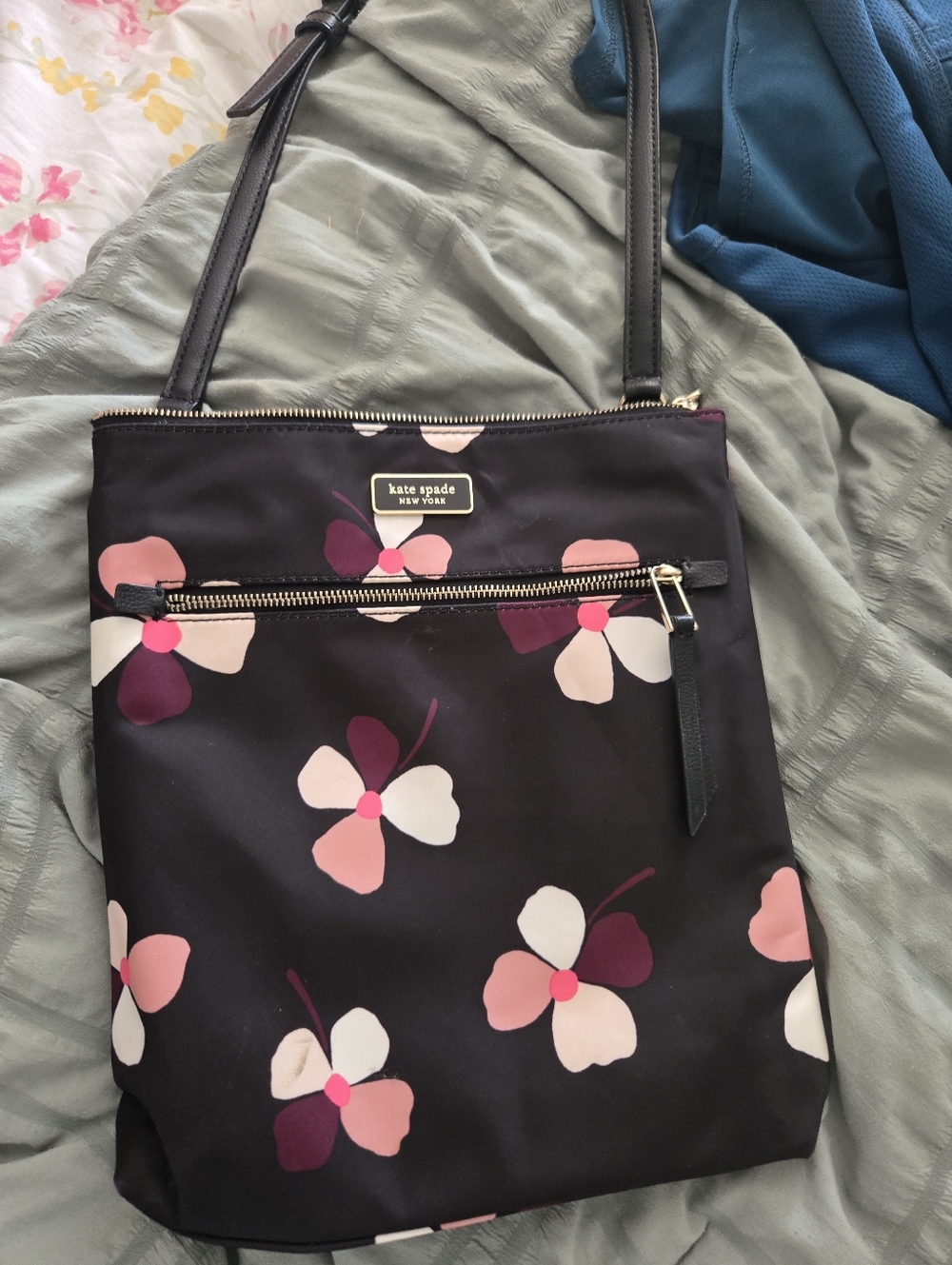 kate spade black floral shoulder tote with pink accents